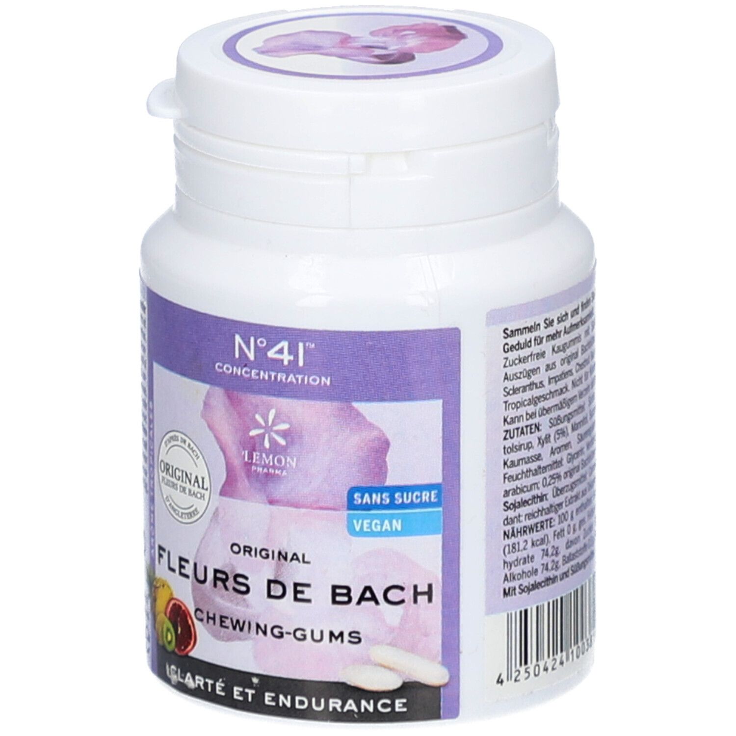 Boîte blanche avec étiquette violette. Inscription : Fleurs de Bach, Chewing-Gums, N°41 Concentration. Illustration de fruits et chewing-gums. Vegan, Sans Sucre.
