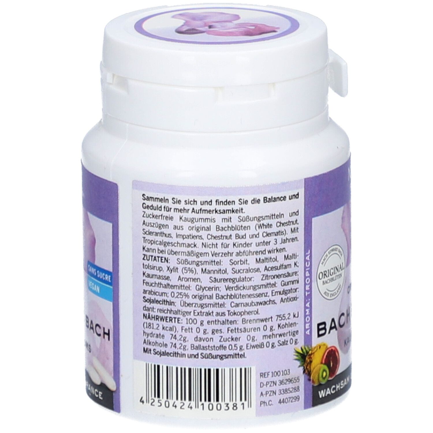 Dos de la boîte blanche. Texte : ingrédients, valeurs nutritionnelles, informations fabricant. Inscription : Fleurs de Bach, Sans gluten, Vegan. Code-barres.