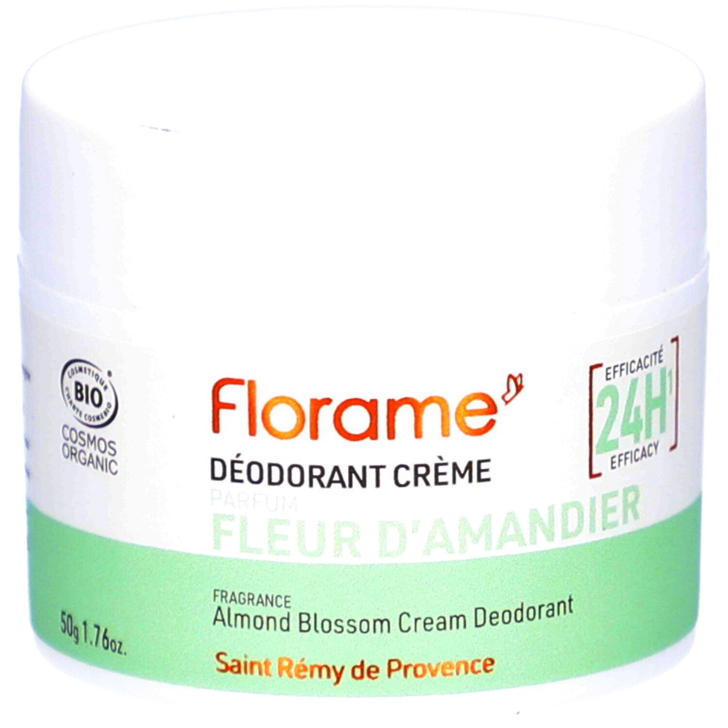 Pot blanc avec bande verte. Inscription: Florame, Déodorant Crème, Fleur d'Amandier. Certification bio.