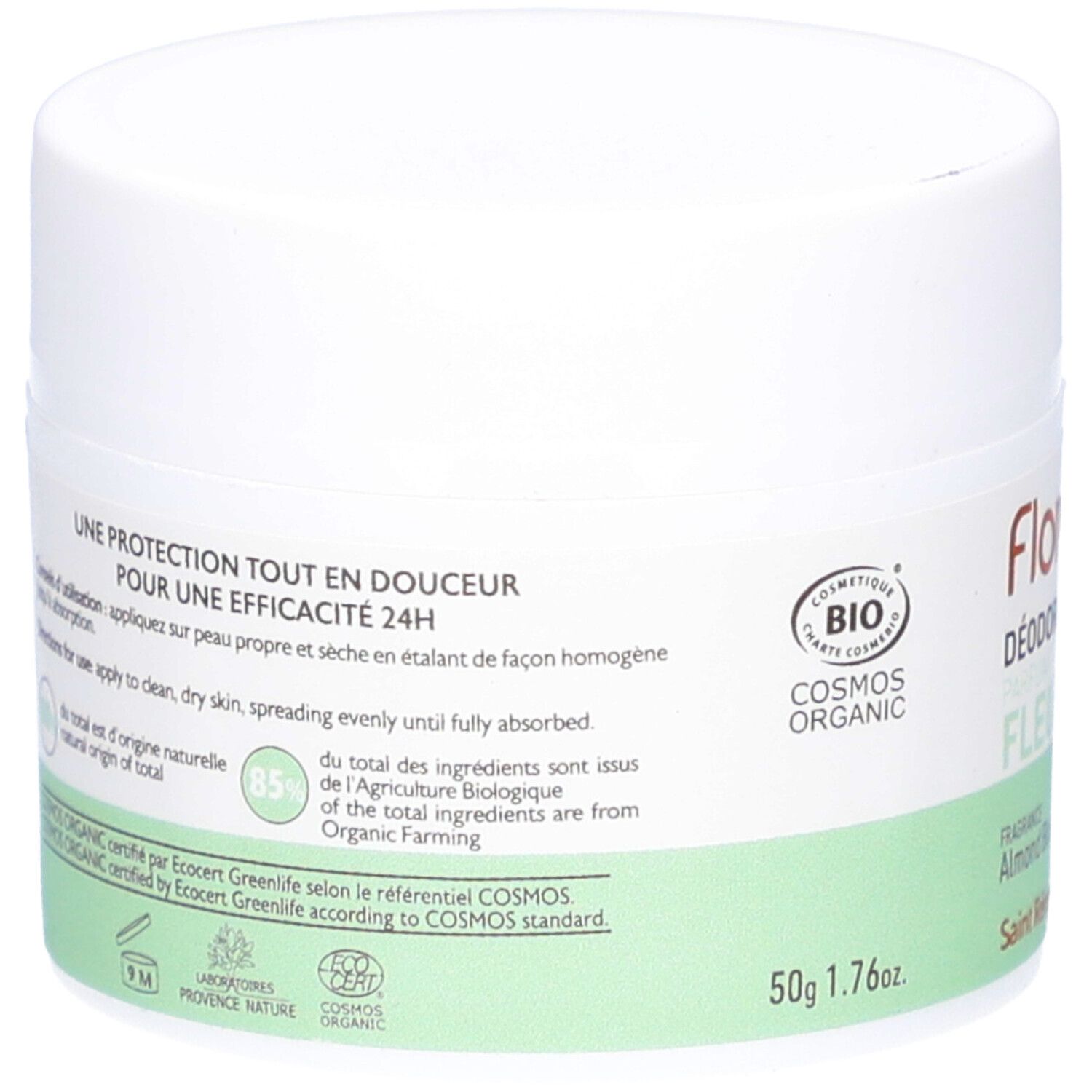 Pot blanc avec texte vert. Texte: Une protection tout en douceur. 85% ingrédients issus de l'agriculture biologique. Certification bio.