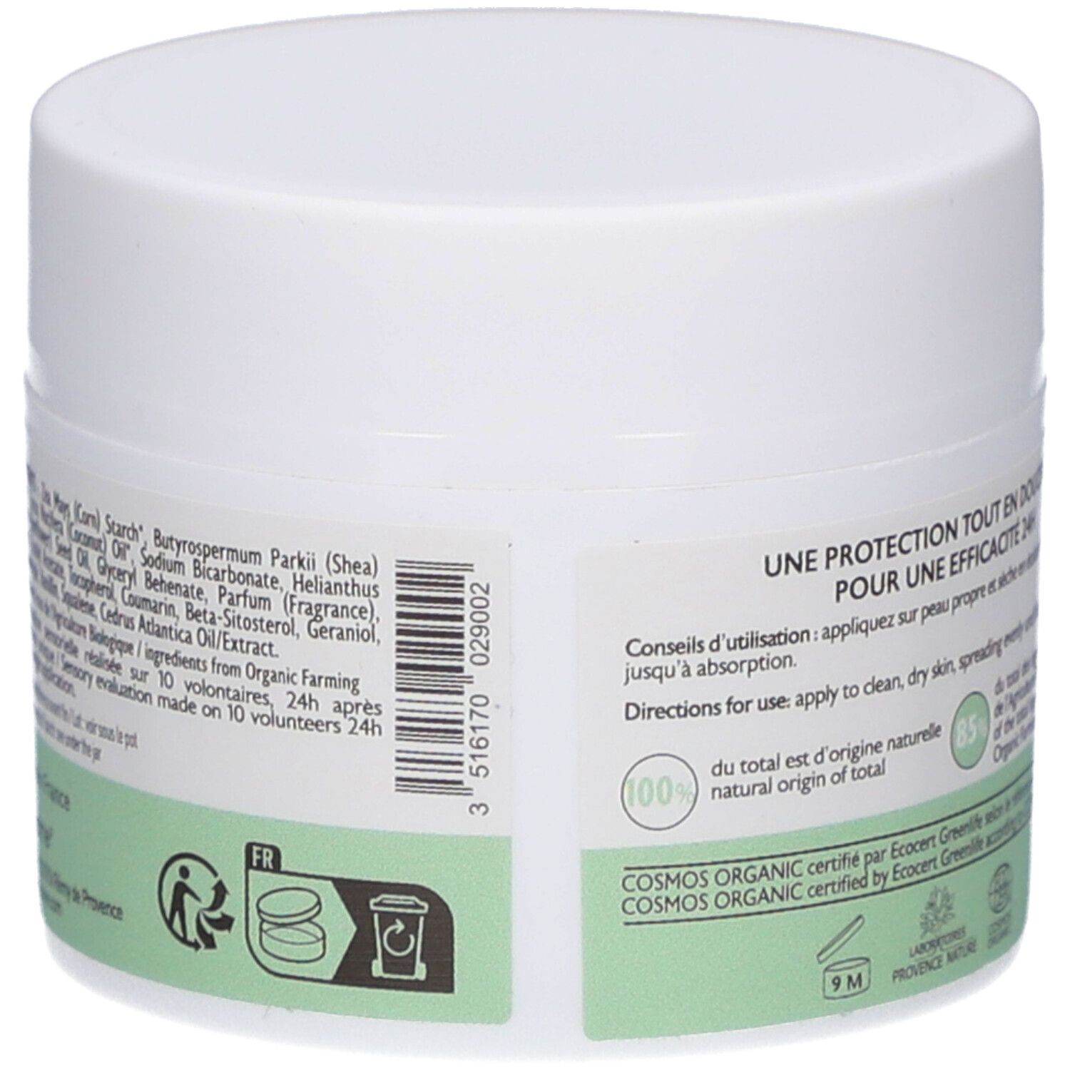 Pot blanc avec texte vert. Ingrédients, conseils d'utilisation. Certification bio. 100% d'origine naturelle.