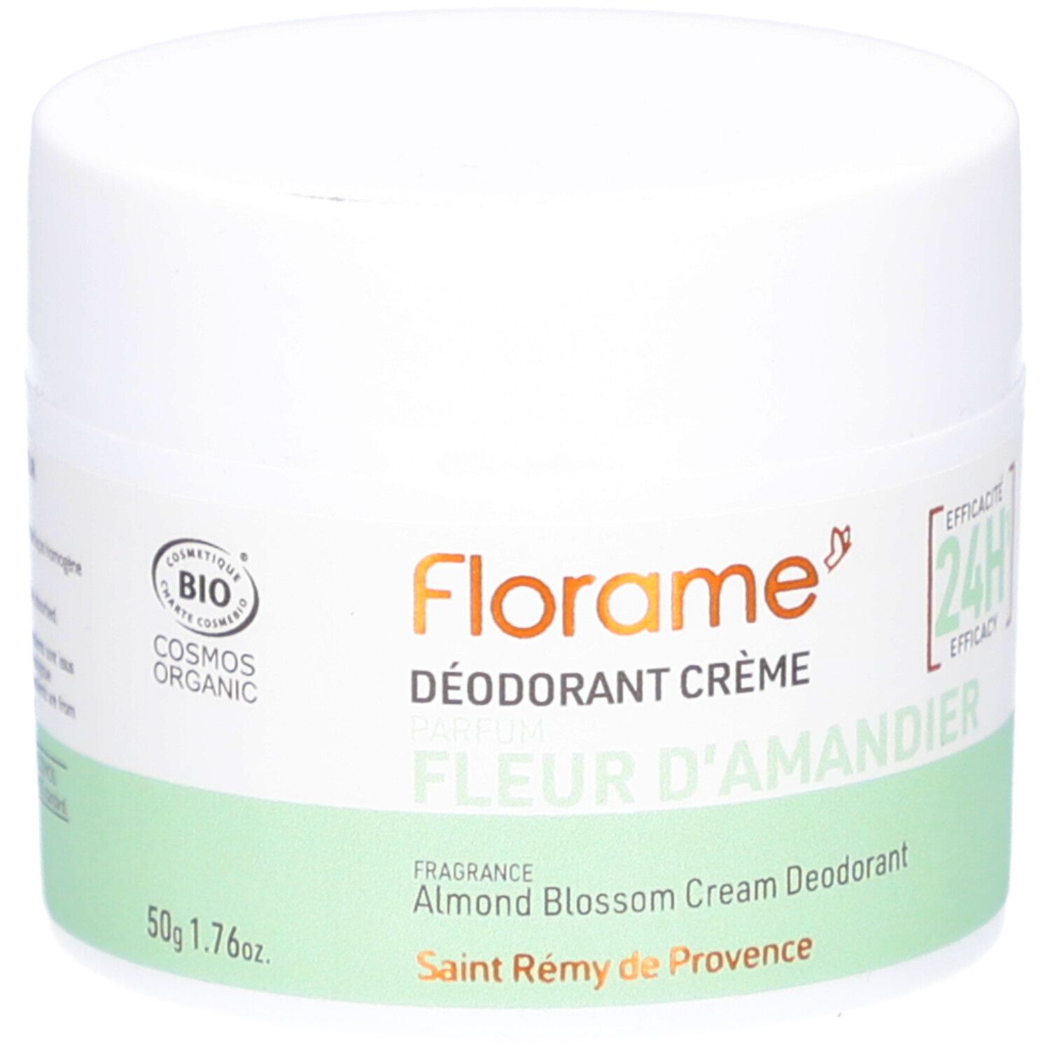 Pot blanc avec bande verte. Inscription: Florame, Déodorant Crème, Fleur d'Amandier. Certification bio.
