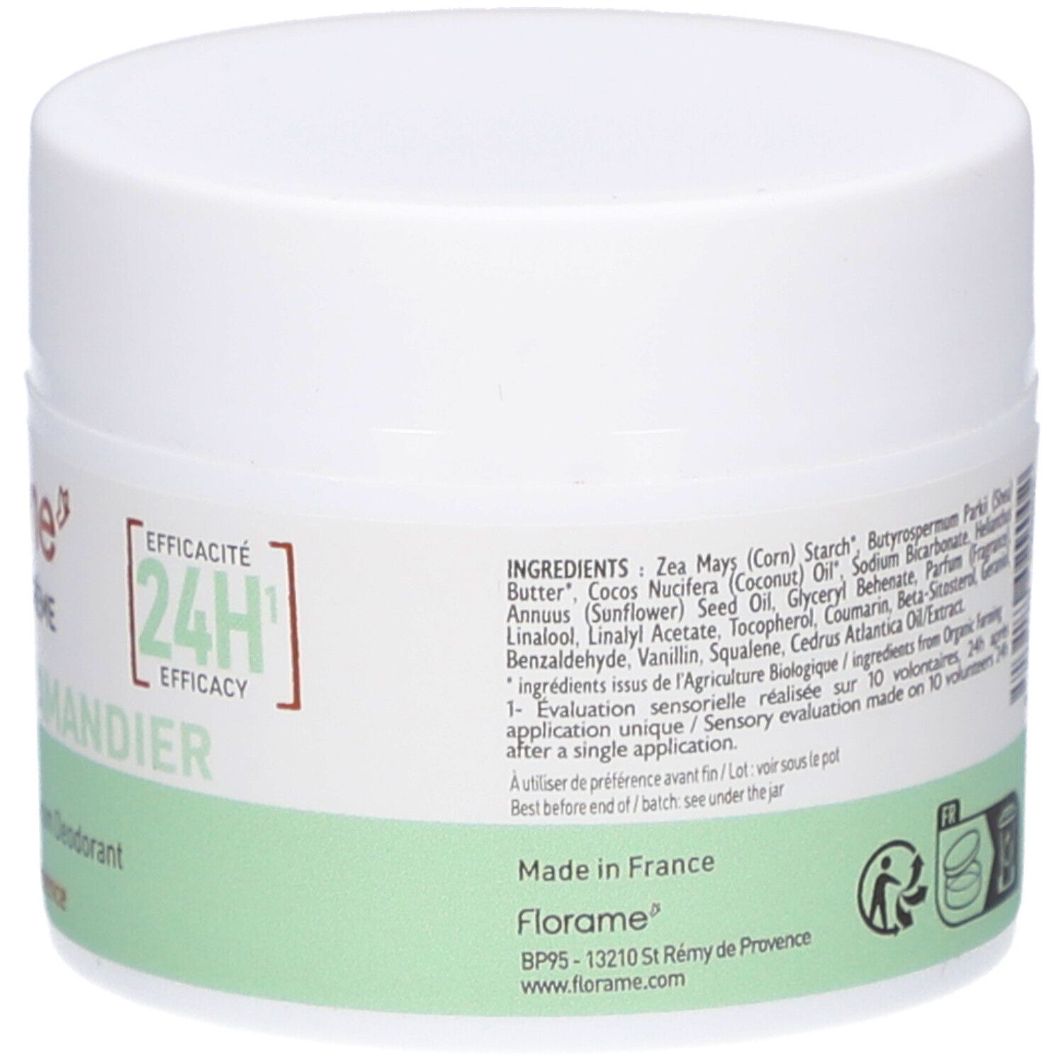 Pot blanc avec bande verte. Inscription: Ingrédients, Efficacité 24H. Fabriqué en France. Certification bio.