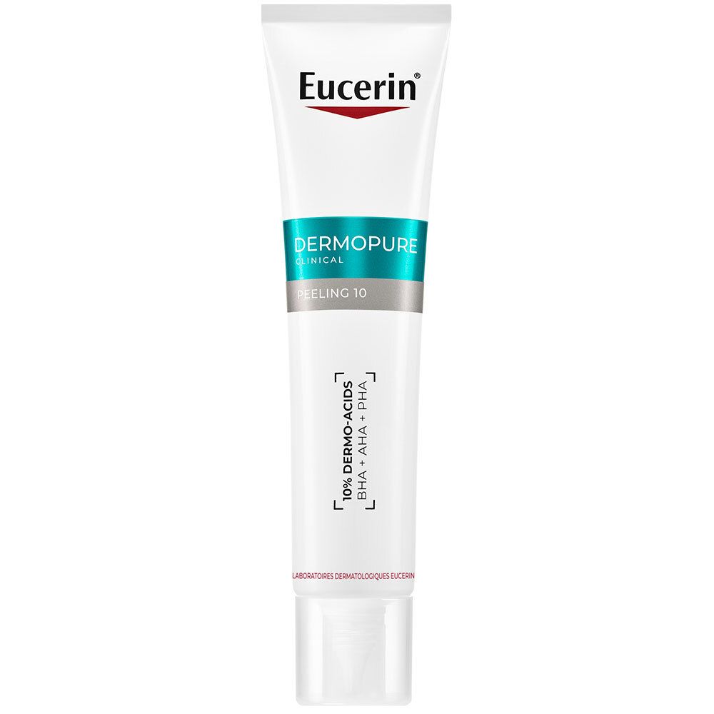 Tube Eucerin Dermopure Clinical Peeling 10. Blanc, accents bleu-vert. Contient 10% Dermo-Acides. Logo Eucerin rouge.