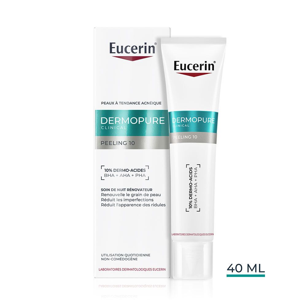 Tube et emballage Eucerin Dermopure Clinical Peeling 10. Blanc, accents bleu-vert. 40 ml. Logo Eucerin rouge.