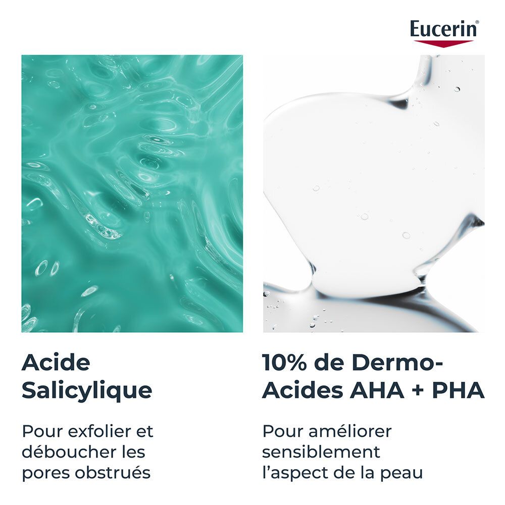 Gros plan Acide Salicylique et 10% Dermo-Acides AHA + PHA. Texte: Exfolier et déboucher les pores. Pour améliorer l'aspect de la peau.