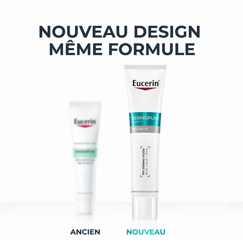 Comparaison: Ancien et nouveau tube Eucerin Dermopure Clinical Peeling 10. Nouveau design, même formule. Logo Eucerin.