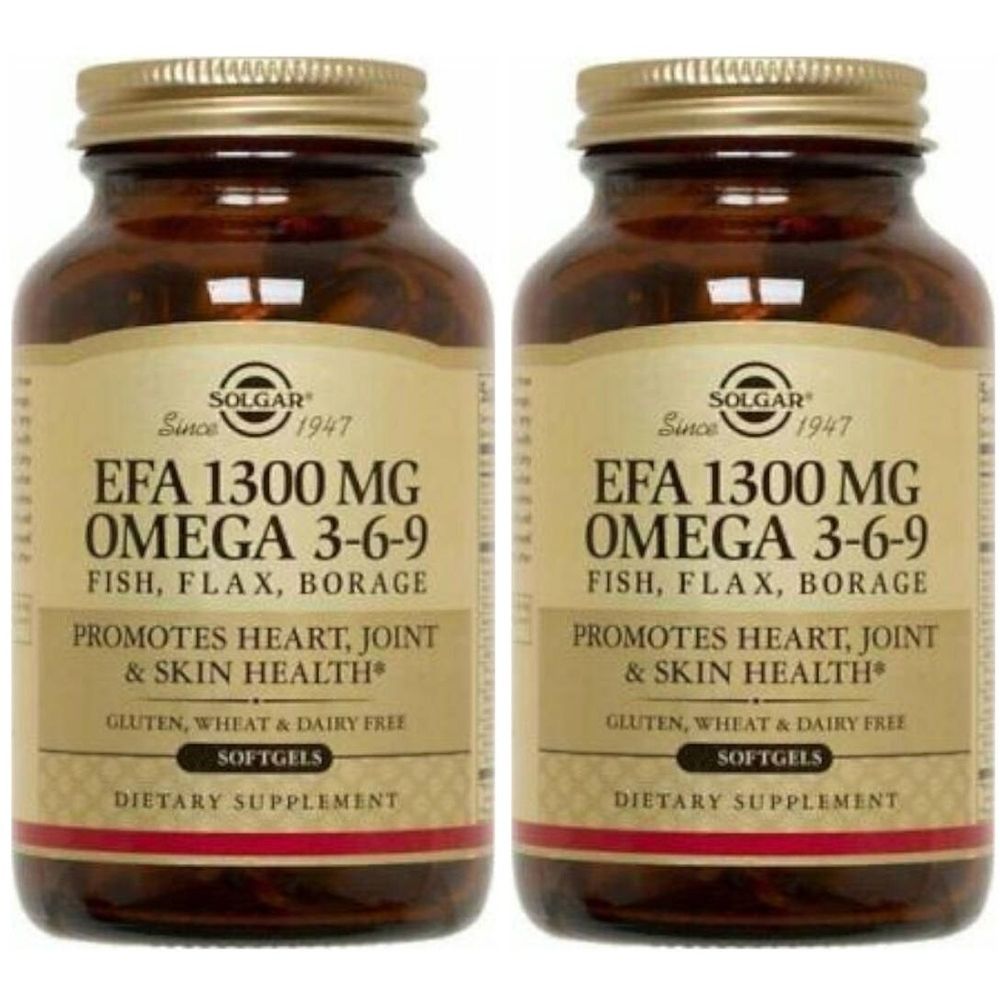 Deux flacons en verre brun avec des couvercles dorés. Les étiquettes indiquent SOLGAR EFA 1300 MG OMEGA 3-6-9. Sans gluten, blé ni produits laitiers.