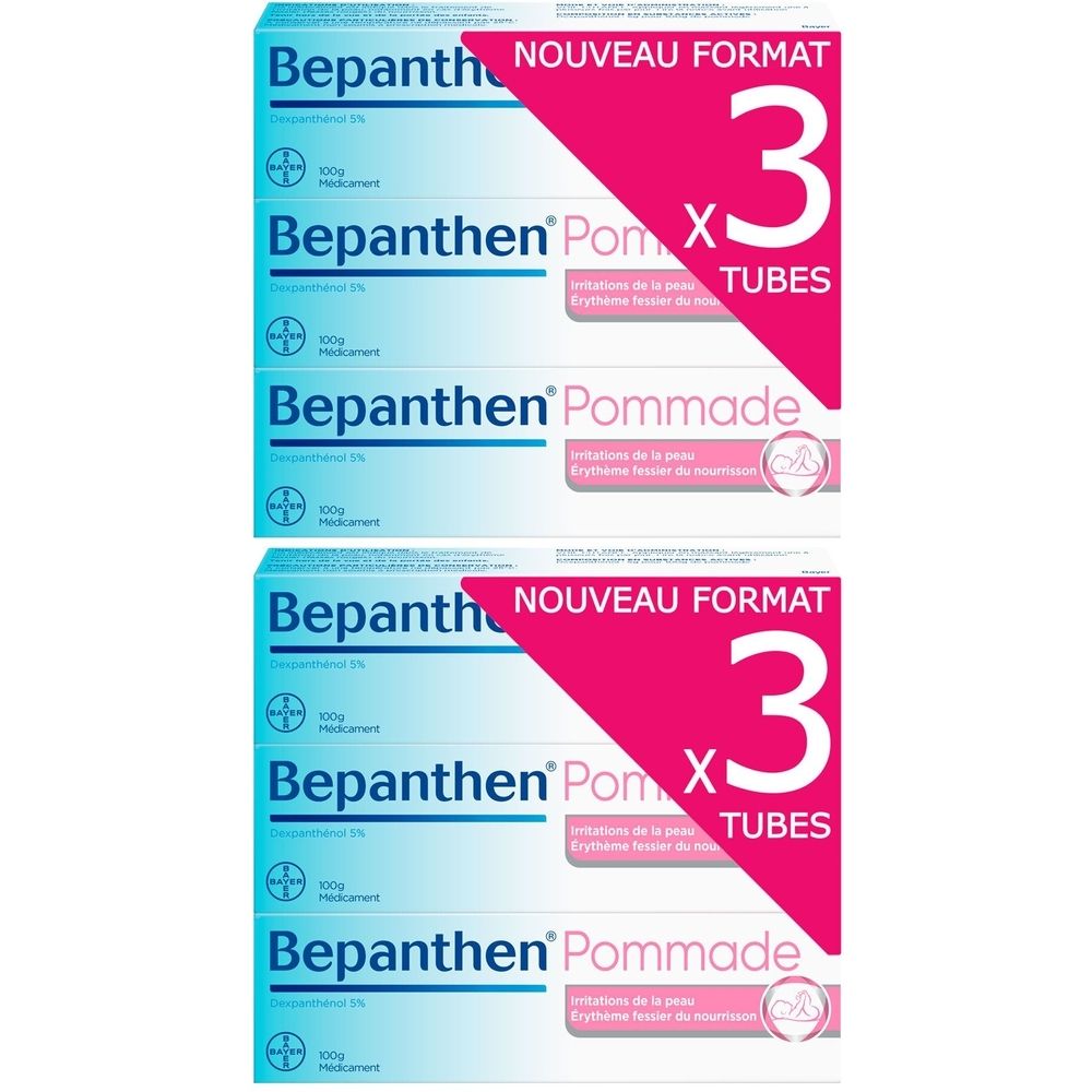 Deux boîtes de Bepanthen Pommade. Sur chaque boîte, "Nouveau Format" et "3 Tubes" sont visibles.