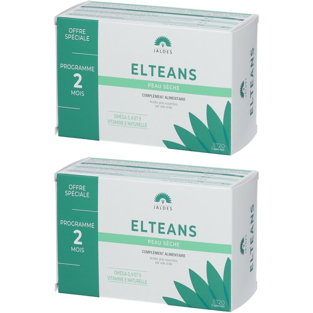 Deux boîtes blanches "ELTEANS". Inscription "Peau Seche" et "Complement Alimentaire". Accents verts et logo. Offre spéciale, programme 2 mois.