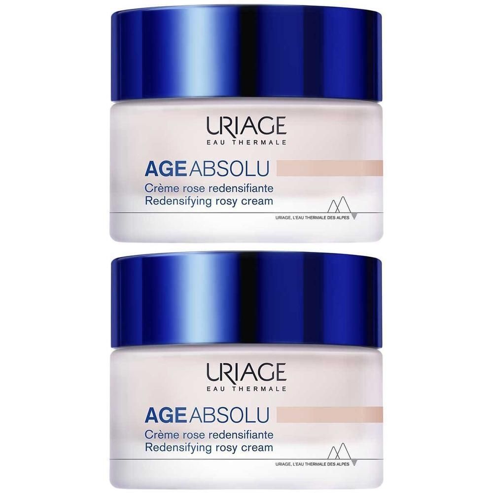 Deux pots de crème Uriage Age Absolu Crème Rose Redensifiante, couvercle bleu. Inscription.