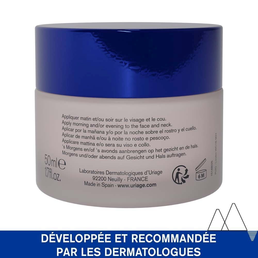 Dos du pot. Texte : Appliquer matin et/ou soir, 50ml, Made in Spain, 6M.