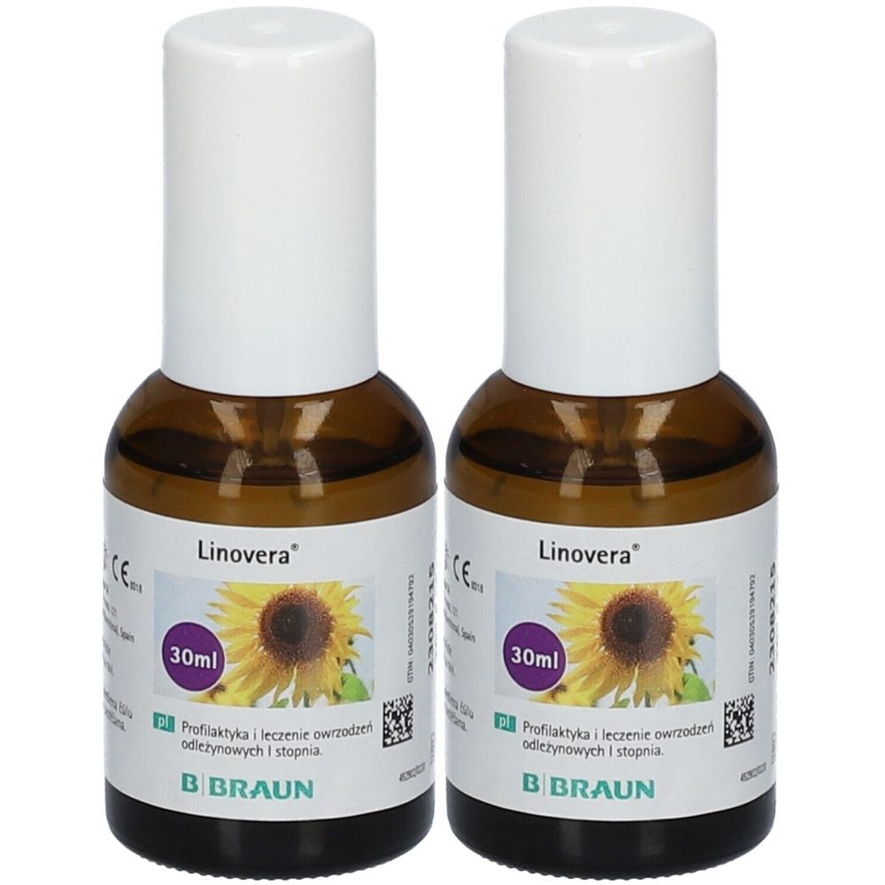 Deux flacons bruns avec bouchons blancs. Étiquettes avec "Linovera", "30ml", une image de tournesol et le logo "B. Braun".