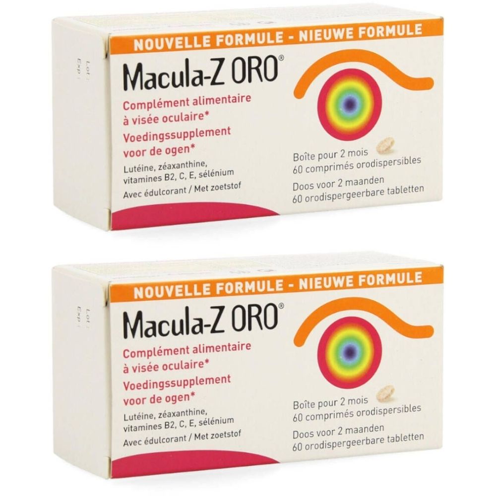 Deux boîtes de Macula-Z ORO. Emballage blanc avec accents orange et rouge. Texte en français et néerlandais. Illustration d'un œil.