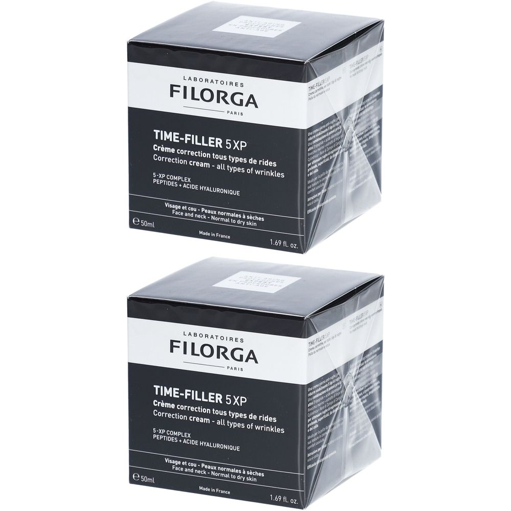 Deux boîtes carrées FILORGA TIME-FILLER 5XP. Emballage noir avec texte blanc. Crème anti-rides.