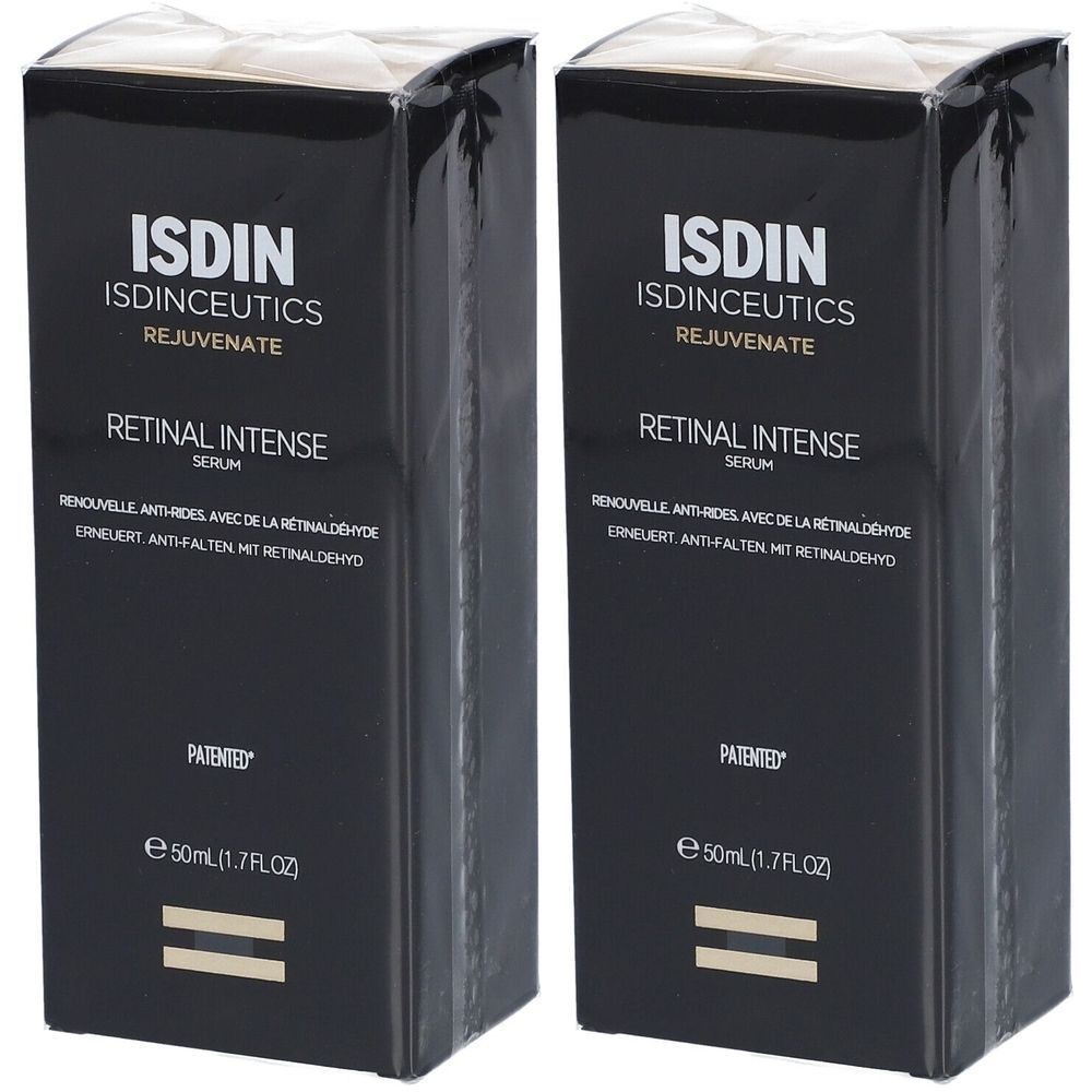 Deux boîtes noires avec informations produit. Inscription: ISDIN, Retinal Intense Serum. Contient 50ml.