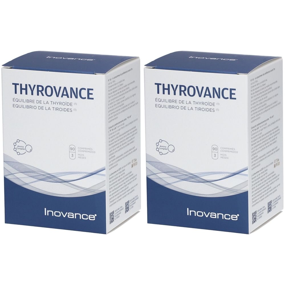 Deux boîtes blanches avec texte bleu. Inscription: THYROVANCE, Inovance. Produit pour l'équilibre thyroïdien.