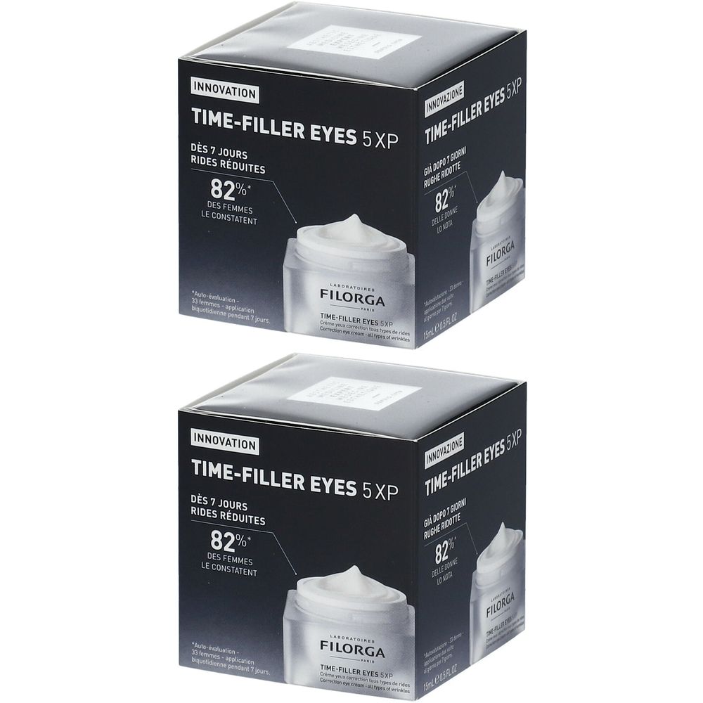 Deux boîtes carrées. Inscription : Time-Filler Eyes 5XP. Image d'un pot de crème. Marque : Filorga.