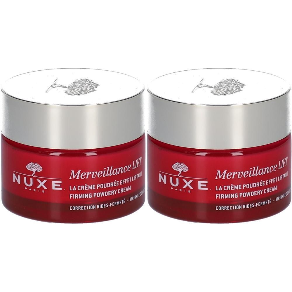 Deux pots de crème Nuxe Merveillance Lift. Verre rouge, couvercle argenté. Inscription: Merveillance Lift, Firming Powdery Cream.