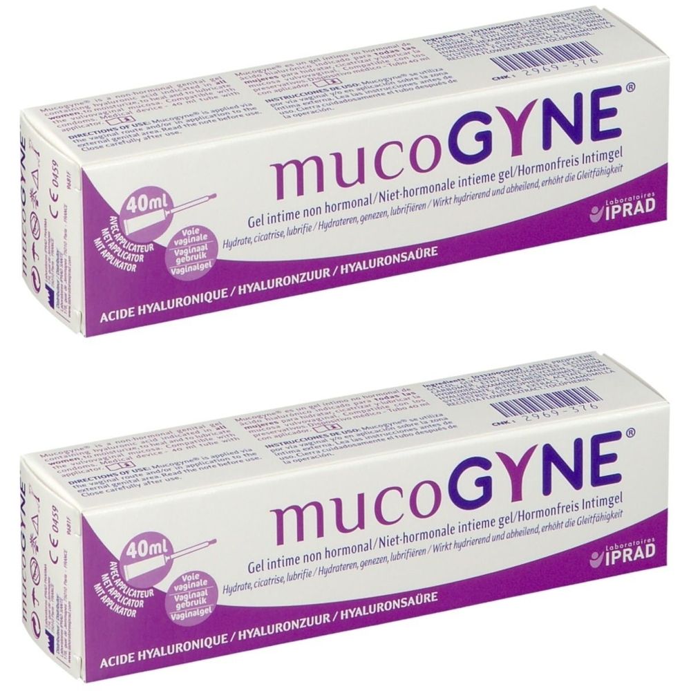 Deux boîtes rectangulaires. Inscription: mucoGYNE, Gel intime non hormonal, 40ml. Emballage blanc et violet.