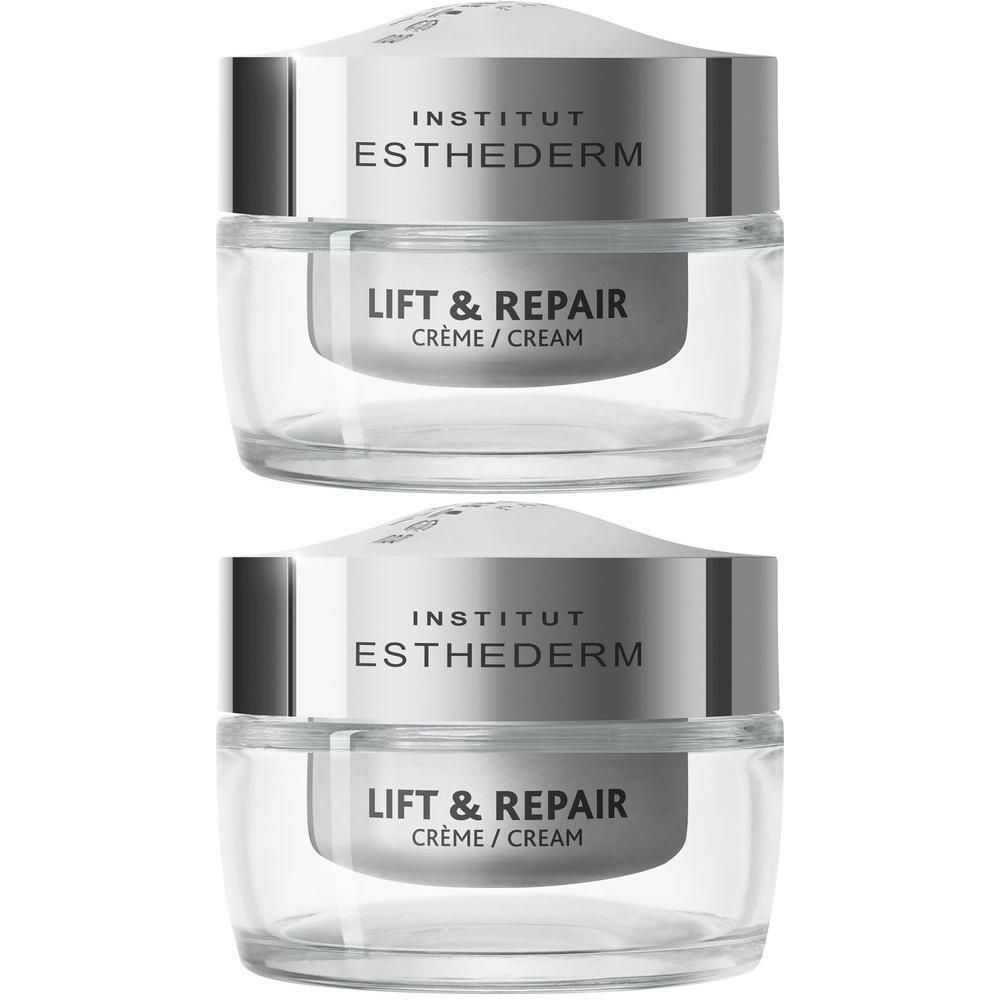 Deux pots de crème Institut Esthederm Lift & Repair. Récipients en verre avec couvercle argenté. Texte : Lift & Repair, Crème/Cream.
