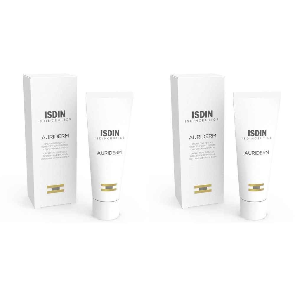 Deux tubes et boîtes. Les tubes et boîtes portent les mentions "ISDIN" et "Auriderm". Emballage blanc avec des accents dorés.