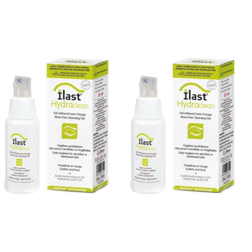Deux flacons et deux boîtes avec le nom du produit ilast Hydraclean. Inscription : Gel nettoyant sans rinçage.