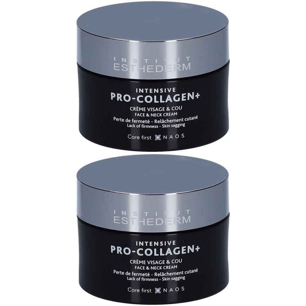 Deux pots de crème INSTITUT ESTHEDERM INTENSIVE PRO-COLLAGEN+. Pots noirs avec couvercles argentés. Texte: Crème Visage & Cou.