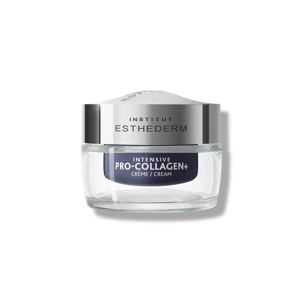 Un pot INSTITUT ESTHEDERM INTENSIVE PRO-COLLAGEN+ CRÈME. Pot transparent avec couvercle argenté. Texte: PRO-COLLAGEN+ CRÈME.