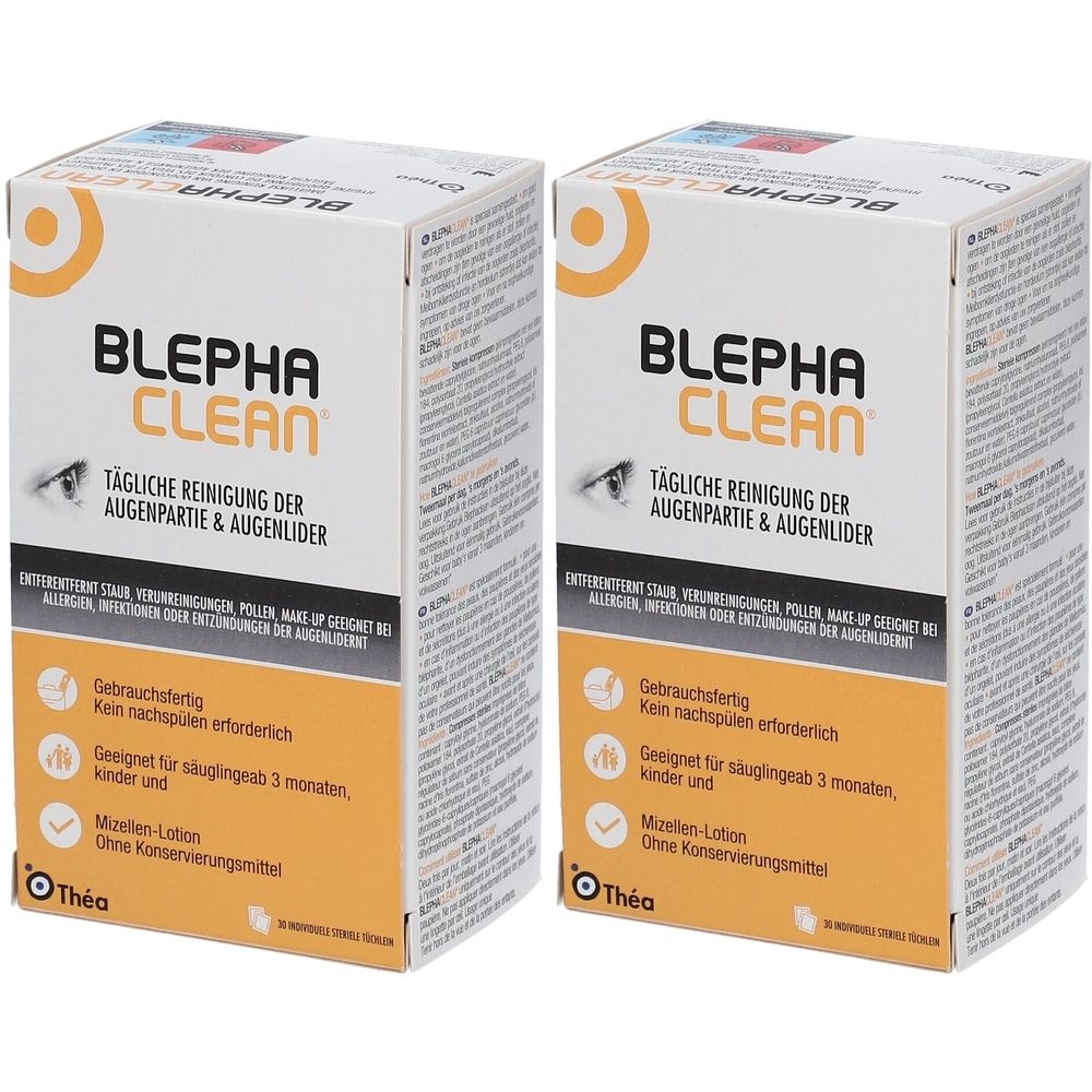 Deux boîtes BLEPHA CLEAN. Inscription: Nettoyage quotidien des paupières et des cils. Convient aux nourrissons dès 3 mois.