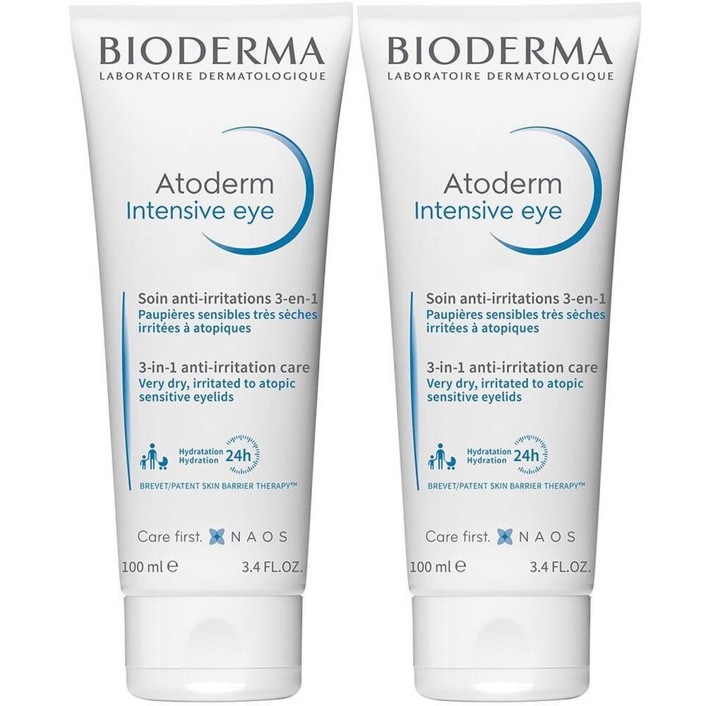 Deux tubes de Bioderma Atoderm Intensive eye. Tubes blancs avec texte et logo bleus. Soin anti-irritations 3-en-1.