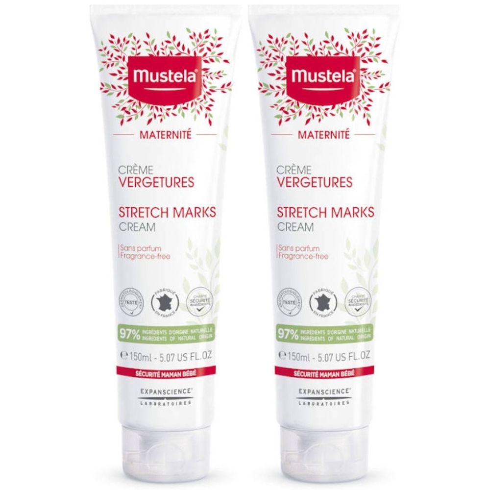 Deux tubes de crème Mustela. Inscription : Crème Vergetures, Stretch Marks Cream, 97% ingrédients d'origine naturelle.