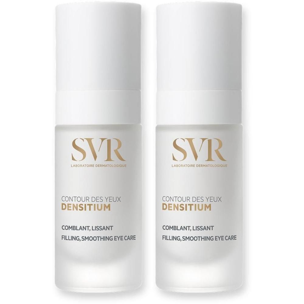 Deux flacons avec bouchon blanc. Inscription: SVR, Densitium Contour des Yeux, Comblant, Lissant, Filling, Smoothing Eye Care.