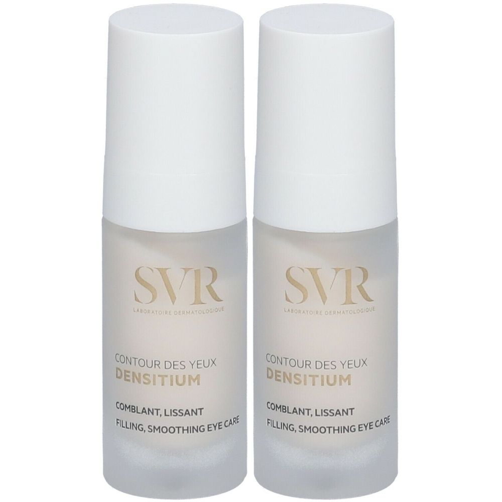 Deux flacons de soin pour les yeux SVR Densitium. Bouchons blancs, flacons transparents avec nom et texte du produit. Inscription : Contour des Yeux.