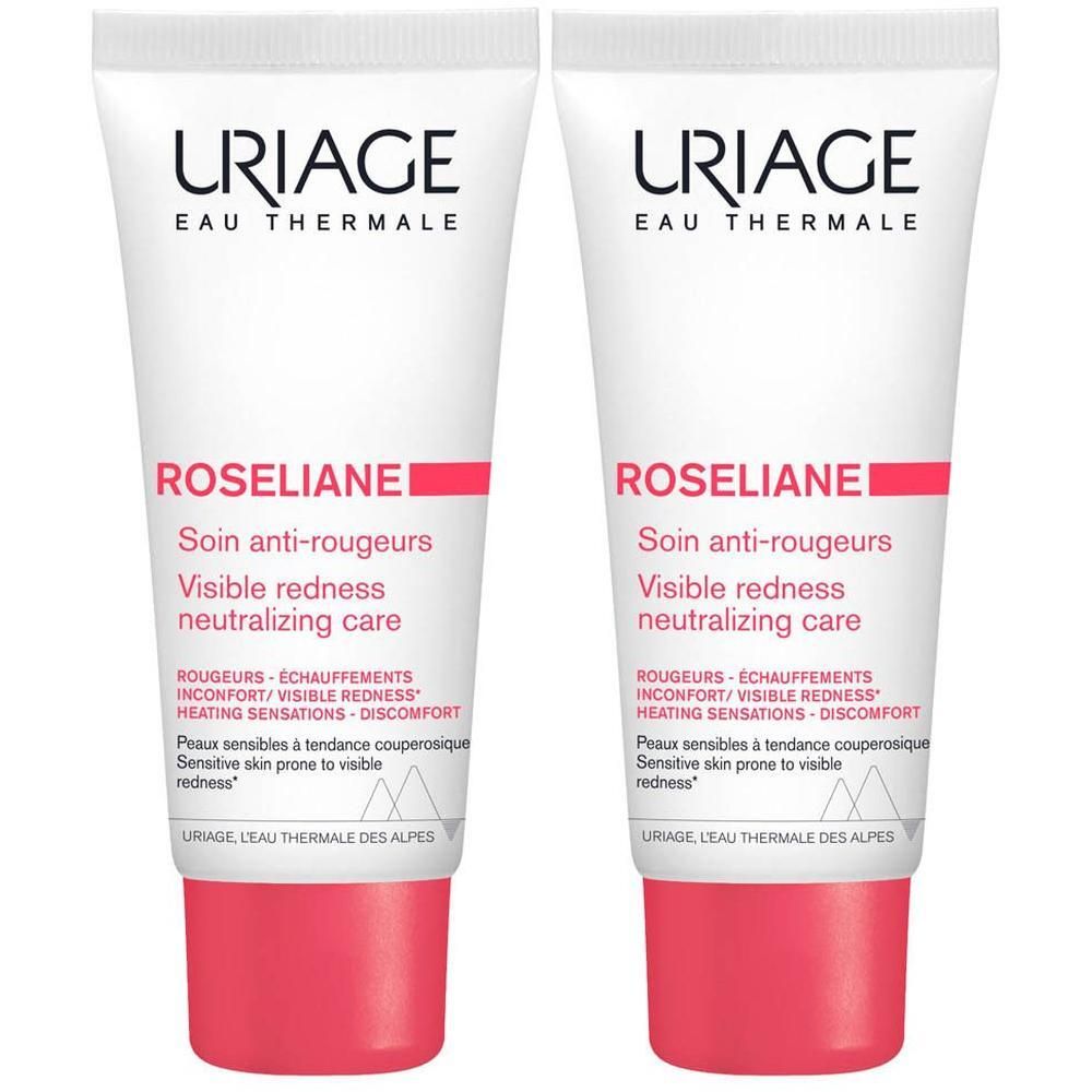 Deux tubes de crème. Blancs avec bouchon rouge. Inscription: URIAGE, Roséliane, Soin anti-rougeurs.
