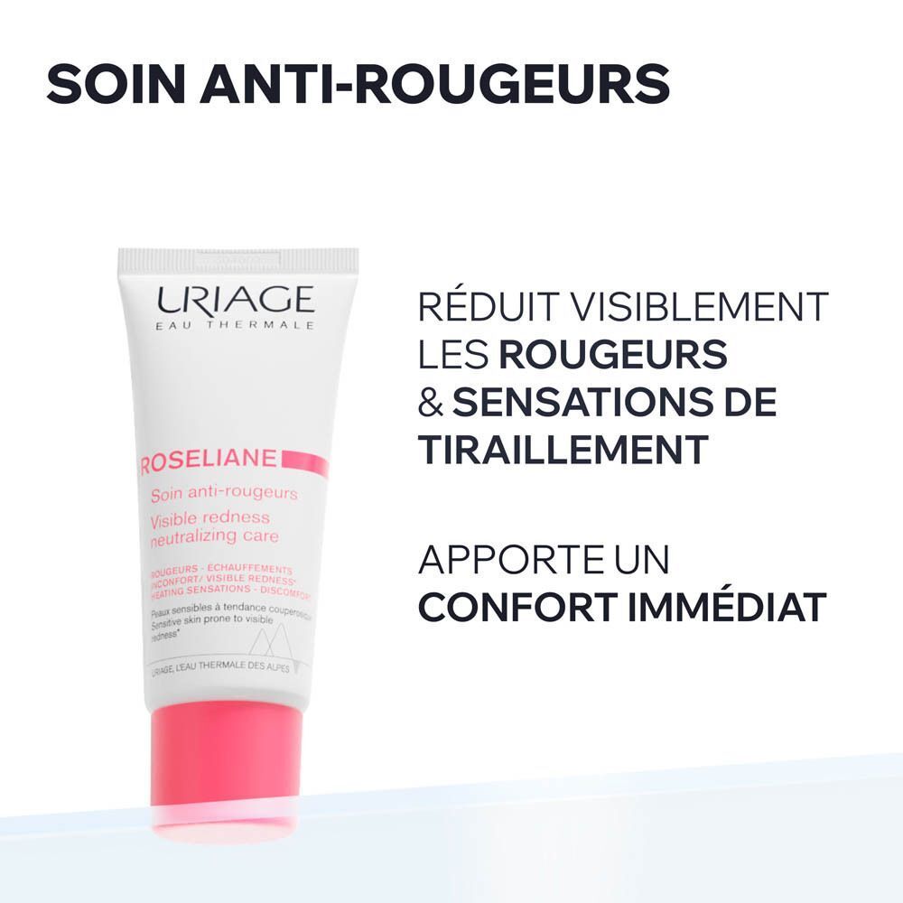 Tube de crème. Inscription: URIAGE, Roséliane. Texte: Soin anti-rougeurs. Réduit rougeurs et tiraillements.