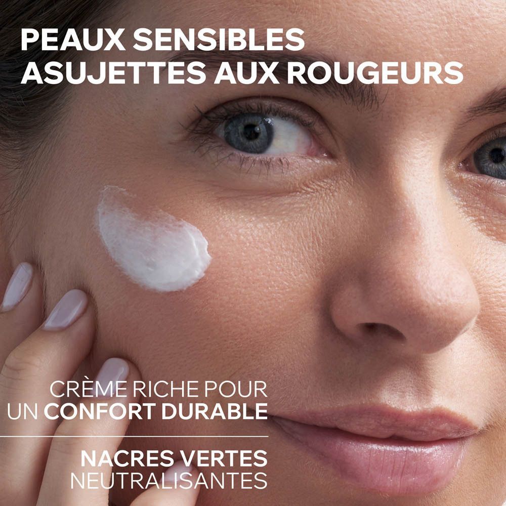 Visage avec crème. Texte: Peaux sensibles sujettes aux rougeurs. Crème pour confort durable.