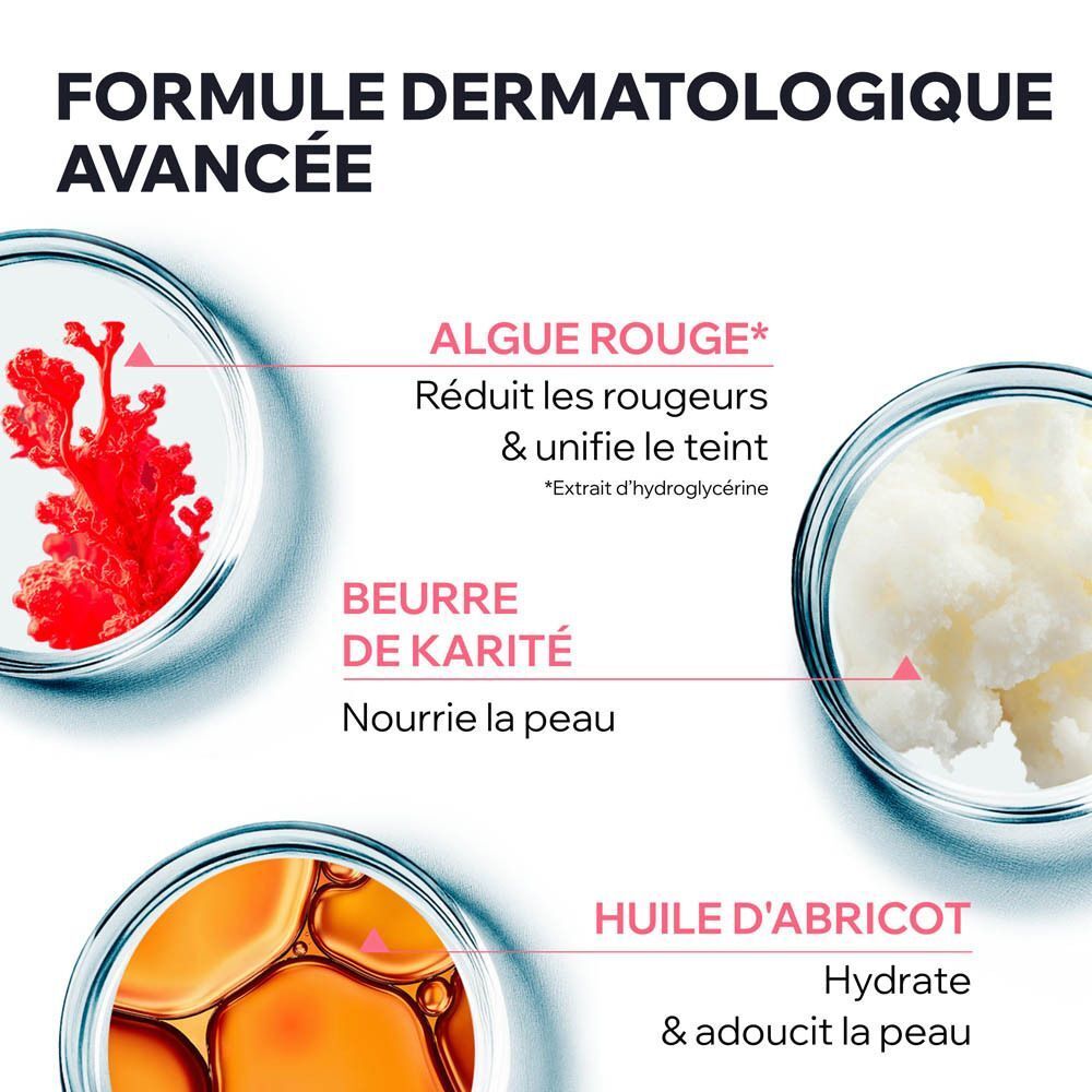 Gros plan sur ingrédients. Algue rouge, beurre de karité, huile d'abricot. Texte: Formule dermatologique avancée.