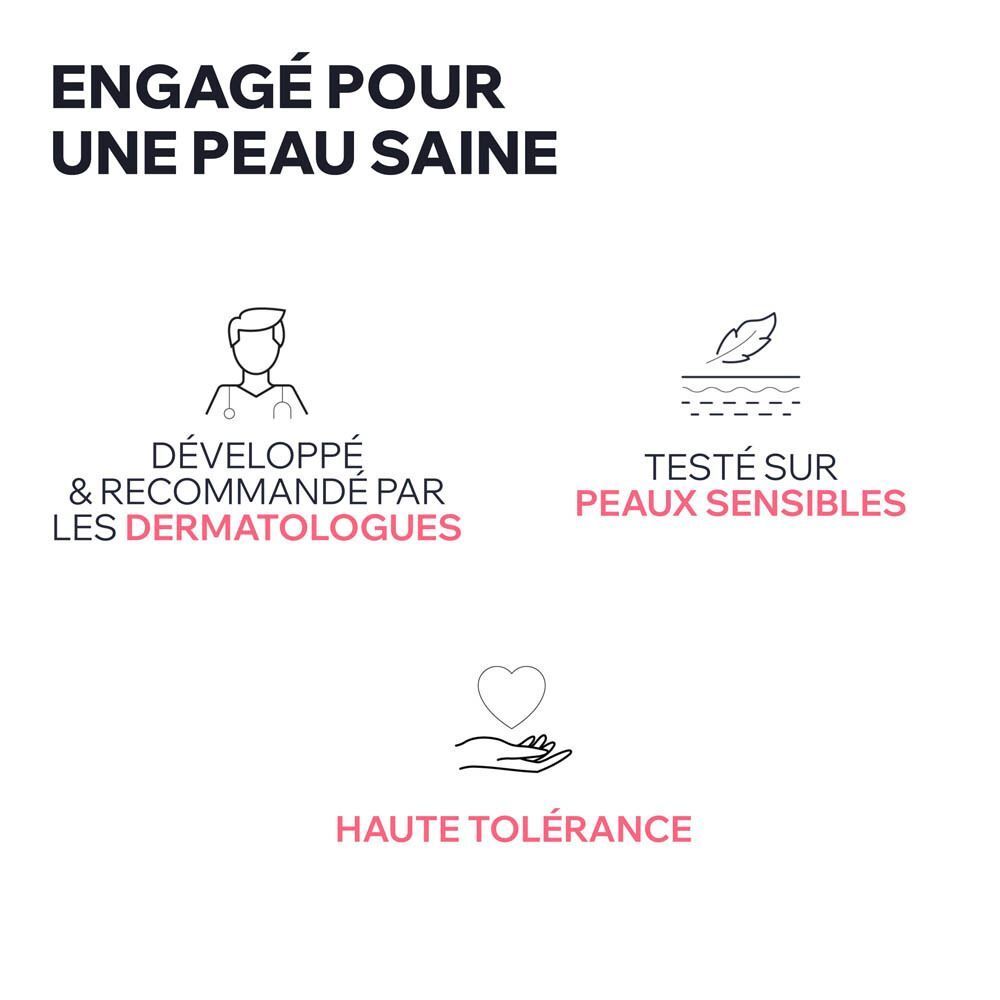 Texte: Engagé pour une peau saine. Logos: Dermatologues, peaux sensibles, haute tolérance.