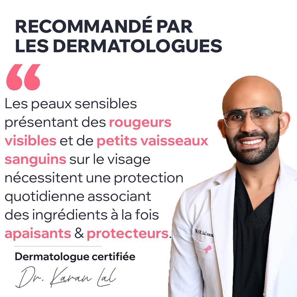 Médecin avec texte. Recommandé par les dermatologues. Citation: Peaux sensibles nécessitent protection quotidienne.