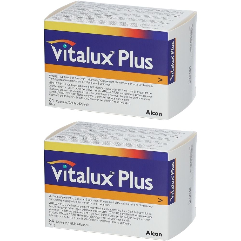 Deux boîtes de Vitalux Plus. Inscription Vitalux Plus. Logo Alcon. 84 gélules.