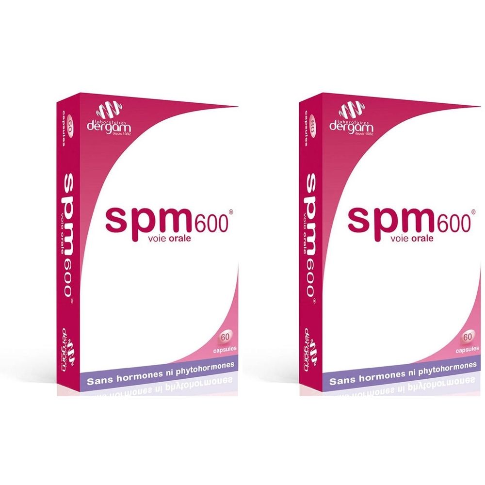 Deux boîtes de Dergam Spm 600®. Emballage rose et blanc avec nom et logo. Contient 60 capsules. "Sans hormones ni phytohormones".