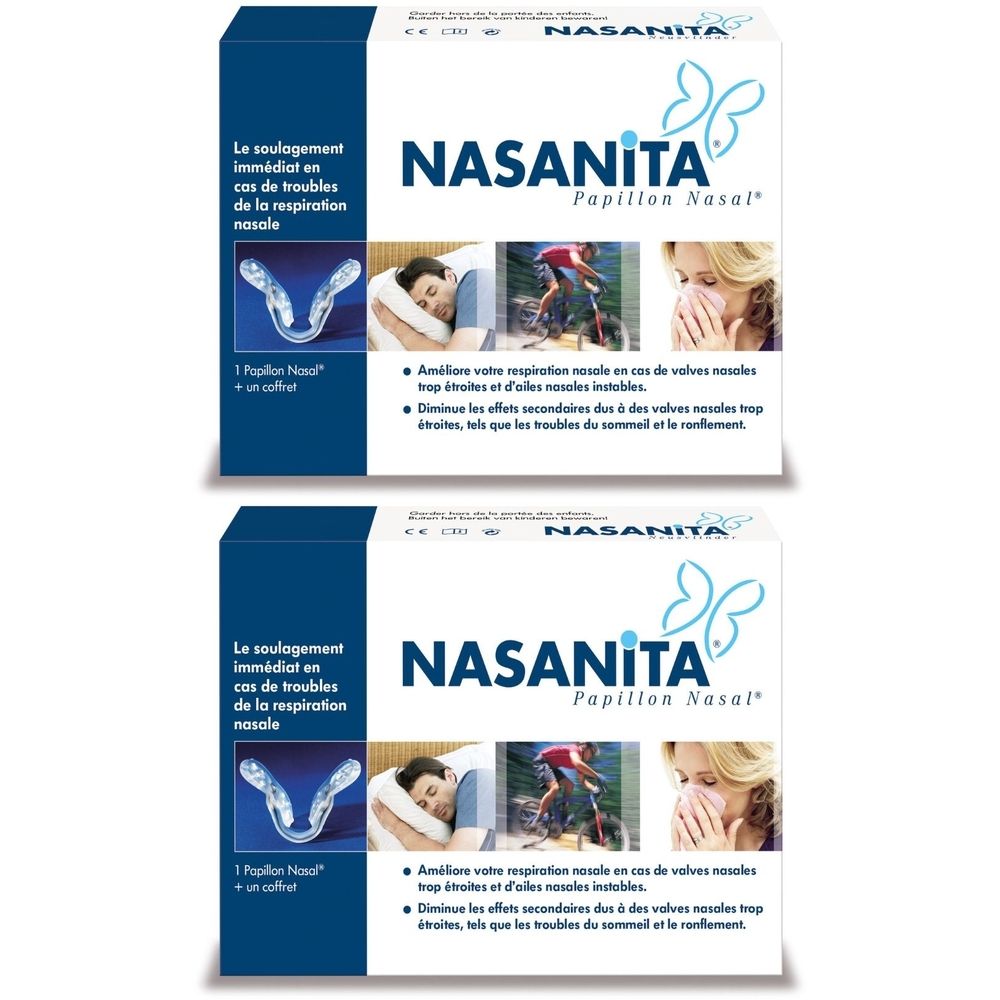 Deux boîtes blanches avec le nom du produit NASANITA et l'ajout « Papillon Nasal ». Impression en français.