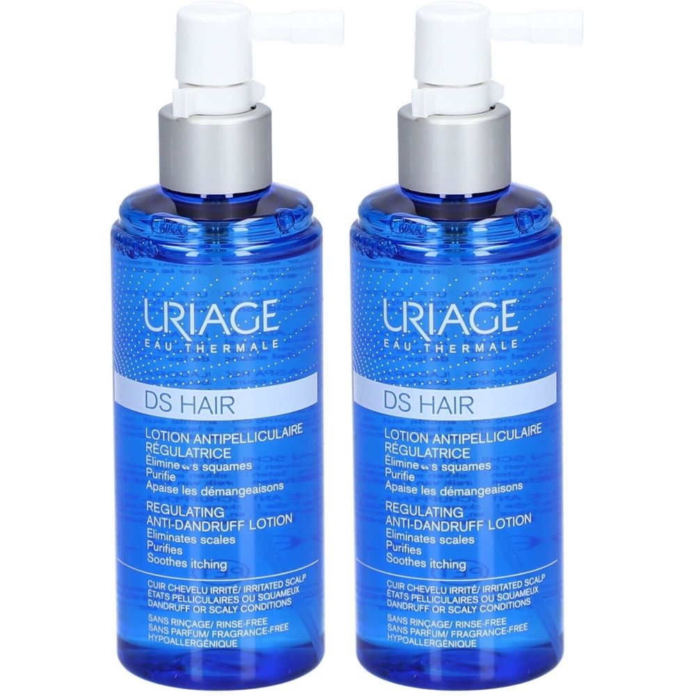 Deux flacons bleus avec vaporisateur blanc. Inscription: URIAGE, DS HAIR, Lotion Antipelliculaire Régulatrice. Anti-pelliculaire.