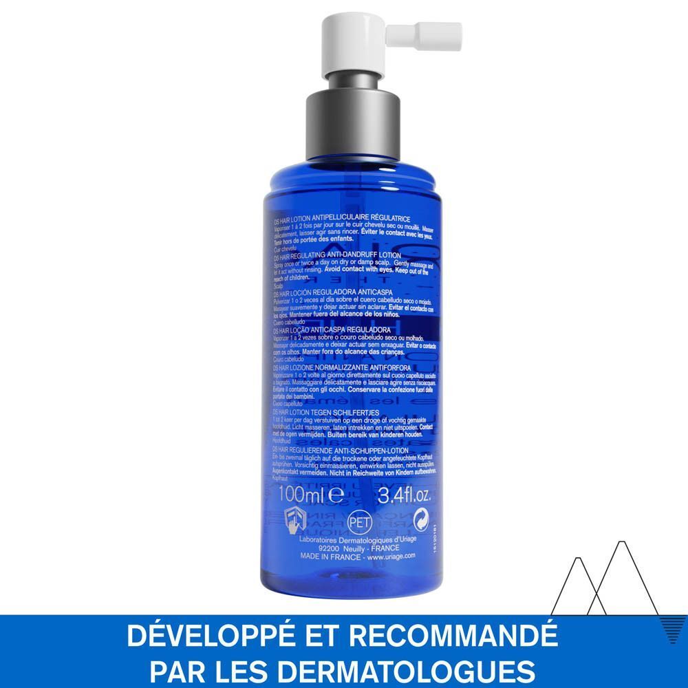 Dos du flacon URIAGE DS HAIR Lotion Spray. Texte: 100ml, développé et recommandé par les dermatologues.