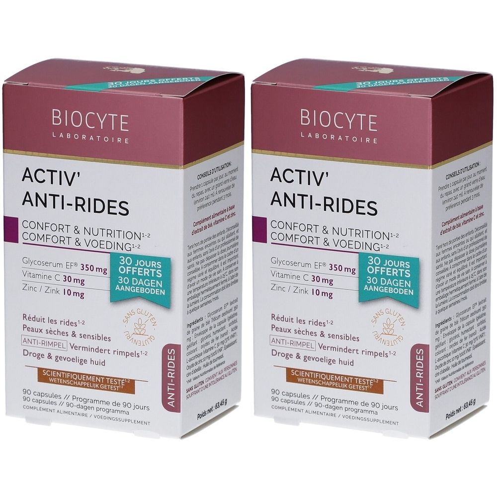 Deux boîtes Biocyte Activ' Anti-Rides. Inscriptions : Confort & Nutrition, 30 jours offerts. Contient 90 capsules. Ingrédients et certifications.