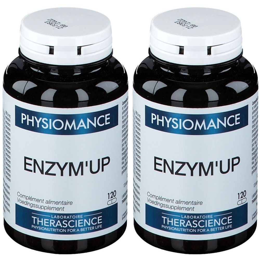 Deux flacons noirs avec bouchons blancs. Inscription PHYSIOMANCE ENZYM'UP. Contient 120 gélules. Laboratoire Therascience.