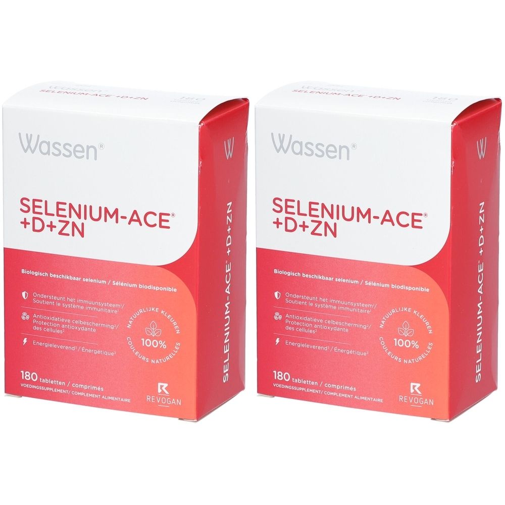 Deux boîtes rectangulaires Wassen Selenium-ACE +D+ZN. Emballage rouge et blanc avec texte et logo. Contient 180 comprimés.