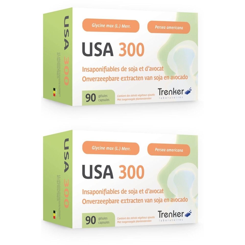 Deux boîtes blanches "USA 300". Contient 90 gélules. Inscription "Trenker". Ingrédients : soja et avocat.