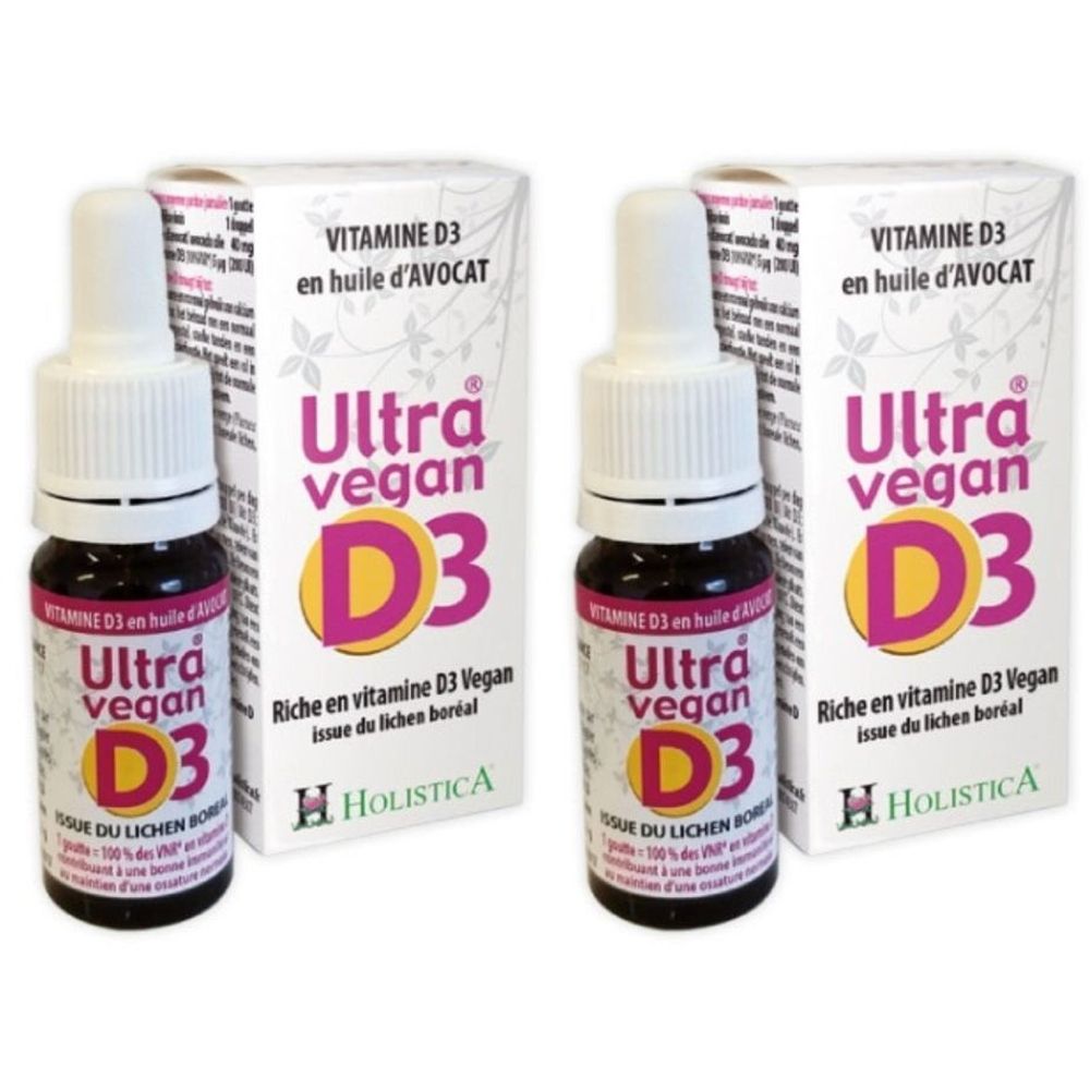 Deux flacons avec compte-gouttes et emballage. Inscription : Ultra vegan D3. Marque : HOLISTICA.